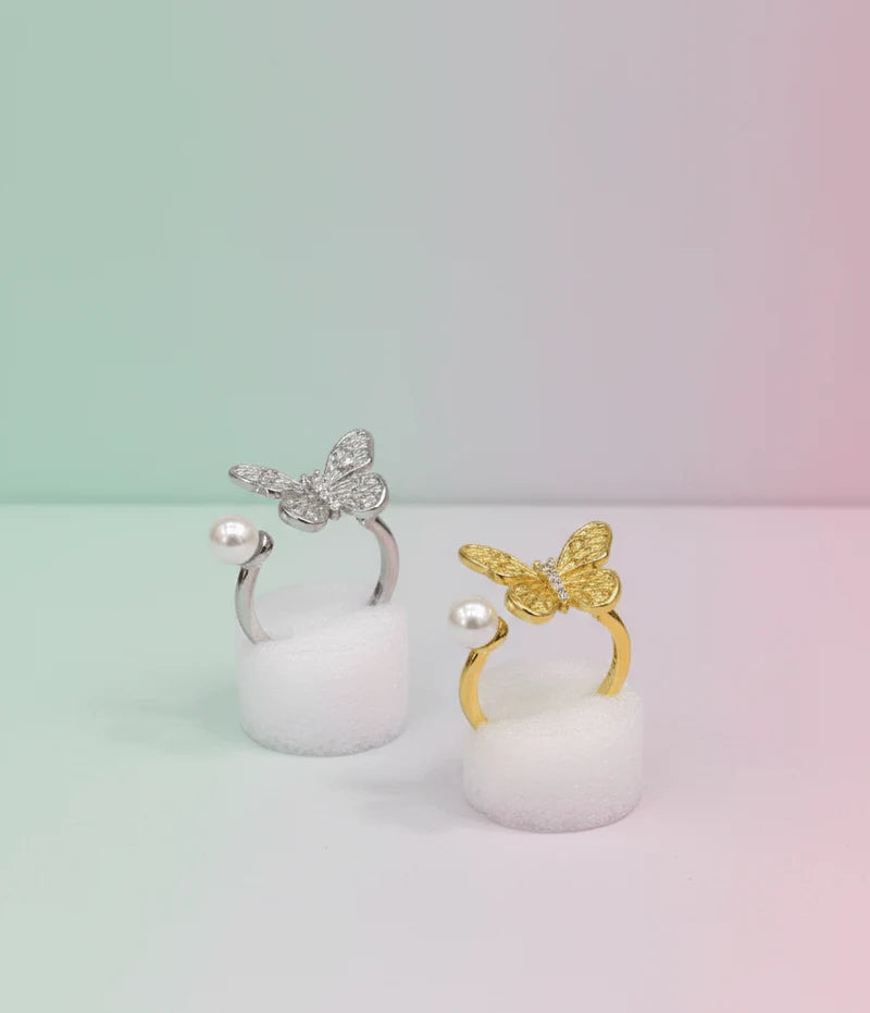 Elegant Pearl Butterfly Ring