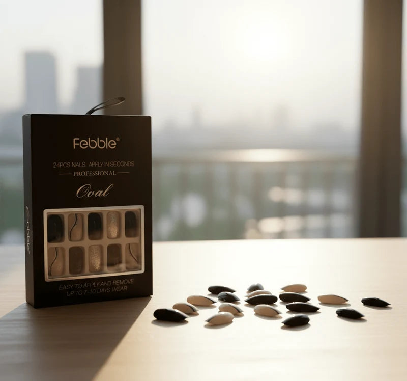 Febble - Elegant Black Nude Oval Nails